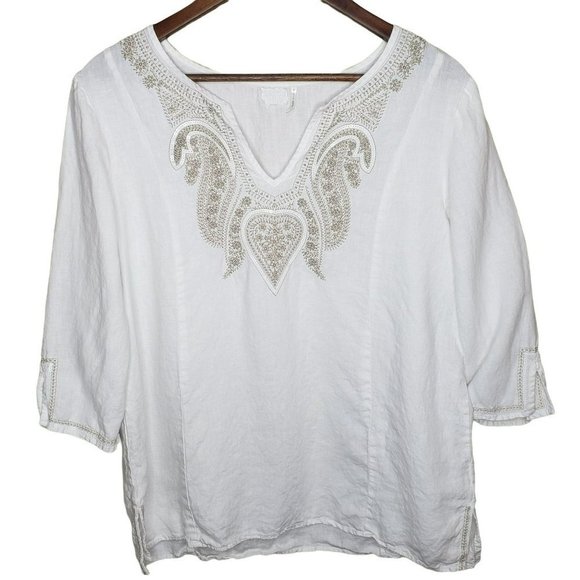 Simply NYC Tops - 𝅺Womens Solid White Linen Blouse  Embroidered Paisley V Neck 3/4 Sleeve
